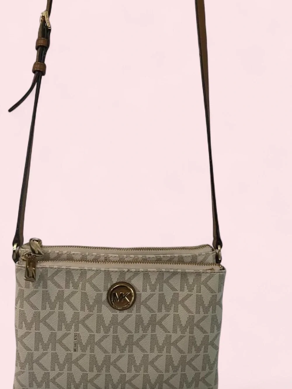 Michael Kors Cream Logo Crossbody with Tan Strap